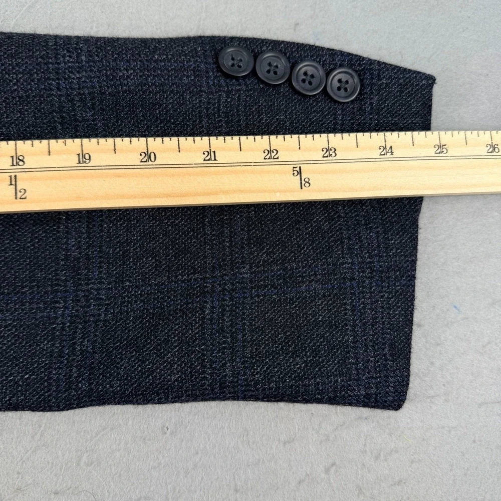 Joseph & Feiss Gold Mens 46R Blazer Jacket 100% Wool Gray Blue Plaid‎ 2-Button
